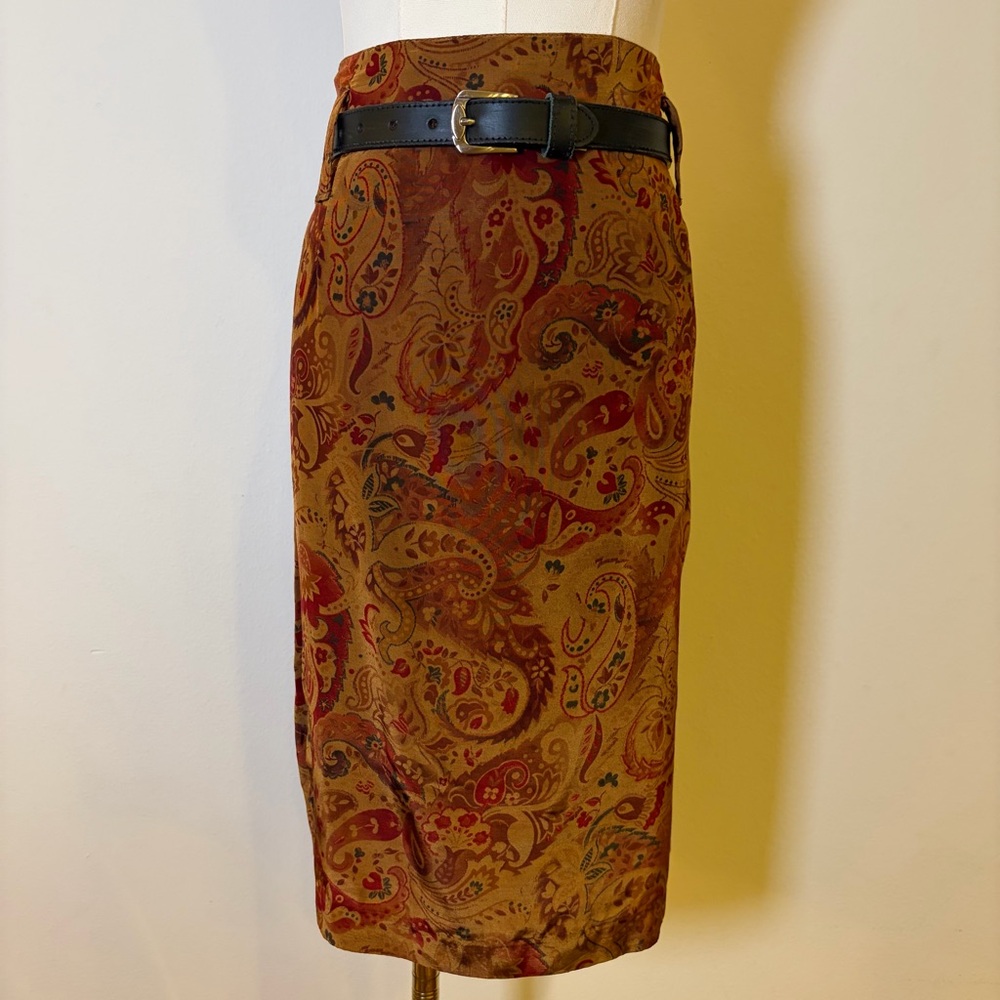 Vintage Clio Paisley Midi Pencil Skirt Brown Tan Size 14 (Fits like S)